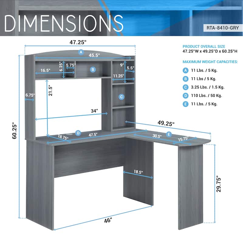 Modern L-Shaped Computer Desk with Storage and Shelves - Gray Color