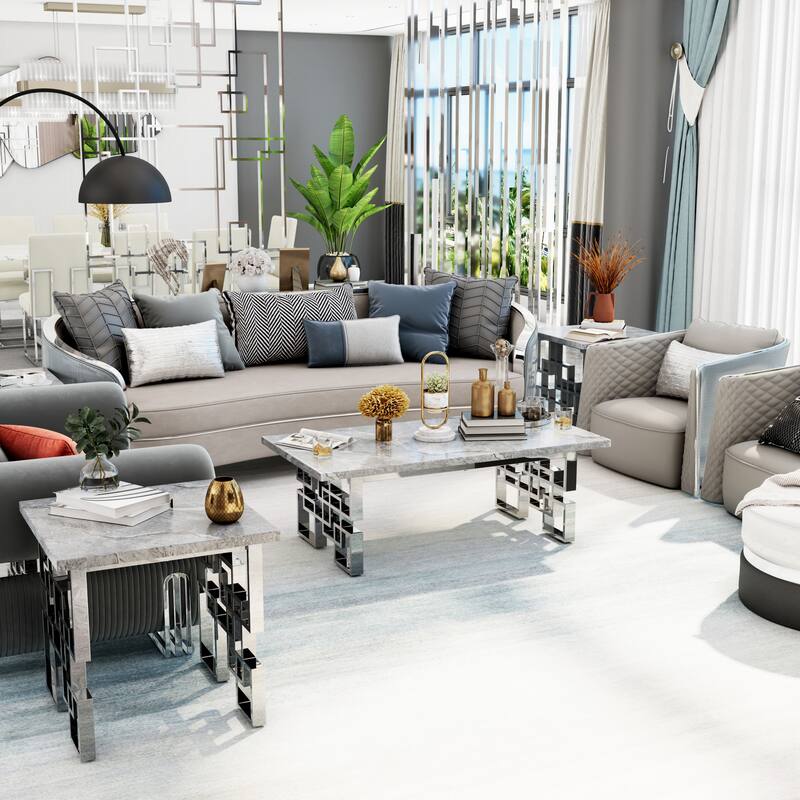 24 inch Gray Faux Marble and Silver End Table Couch Side Table