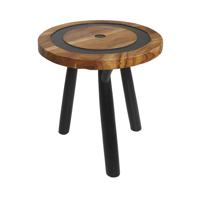Teak Wood Geometric Layered Circle Accent Table with Black Legs - Brown - Roche River Decor