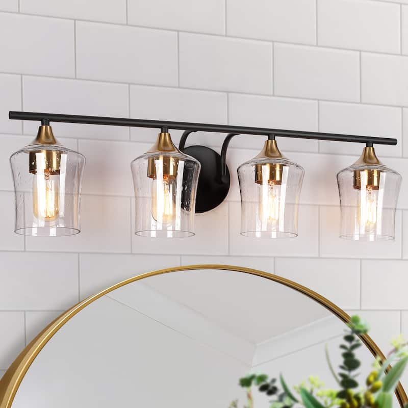 Modern Black Gold 2/3/4-Light Linear Bathroom Vanity Lights with Seeded Glass - 4-Light
