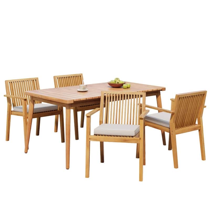 5-Piece Acacia Wood Outdoor Dining Set, Patio Table & Chairs with Removable Cushions