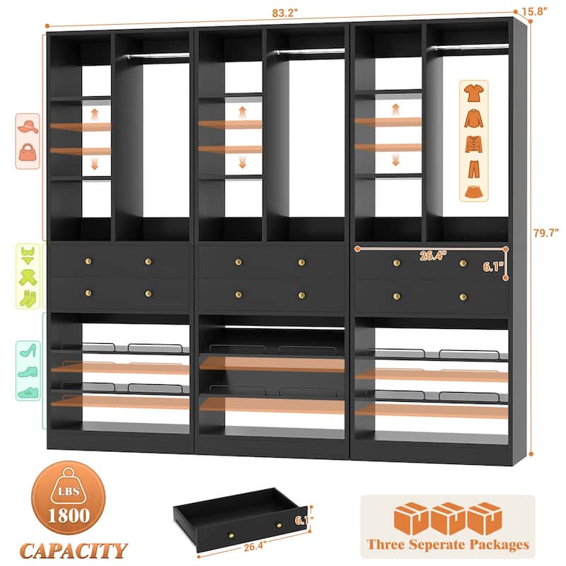 27.7'' Closet Organizer with Shoe Racks and Drawers, Closet System with Hanging Rod and Adjustable Shelves
