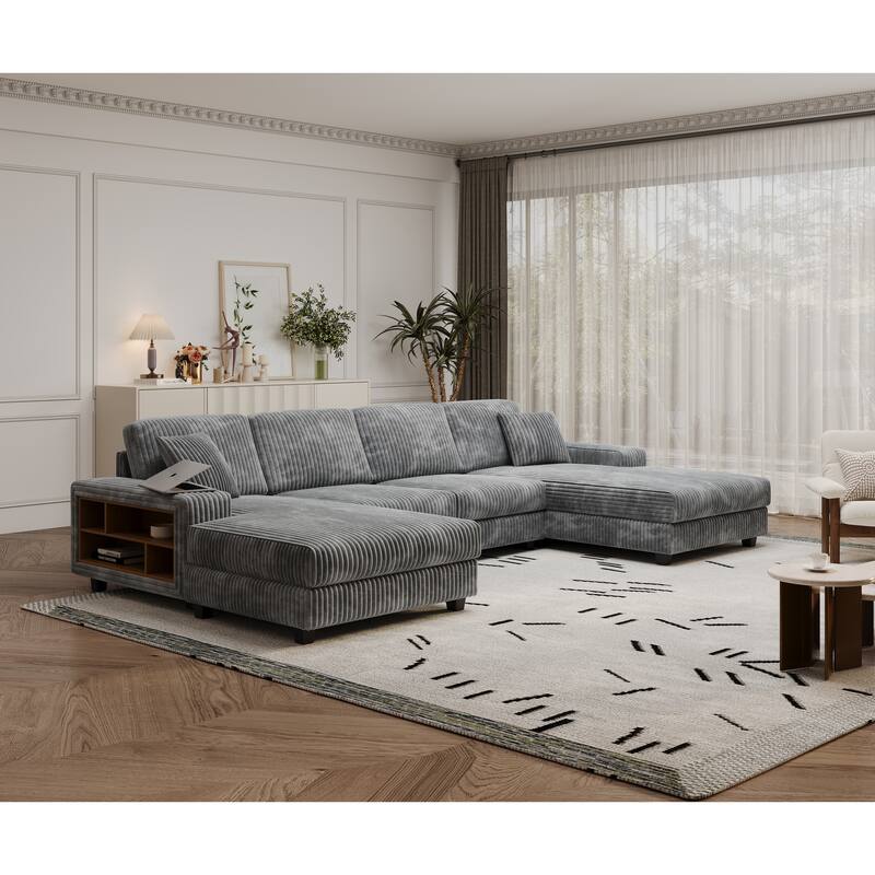 Modular Sectional Sofa with Dual Chaise Lounges, Corduroy Cloud Sofa with Armrest Storage Rack, Convertible 4-Seat Sleeper Sofa