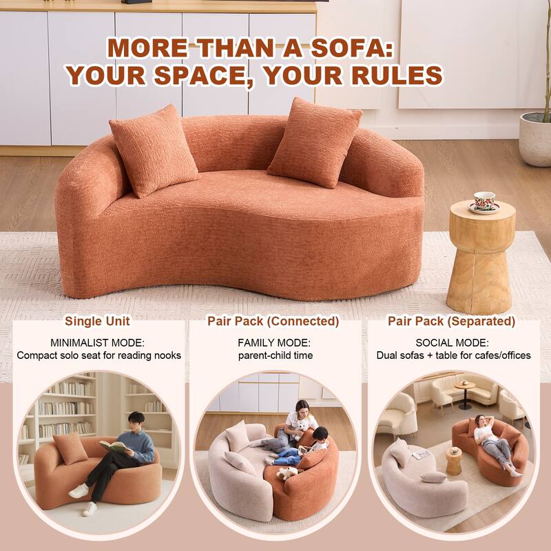 Yin-Yang Design Single Chaise Couch S-curved Chenille Sofa, Purchase 2pc for Combination into Tai Chi Round Sleeper Sofa Bed