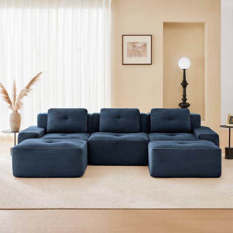 Roomfitters No Assembly Modular Sofa, 117 Inch Corduroy 3-Seater with Piping, Blue