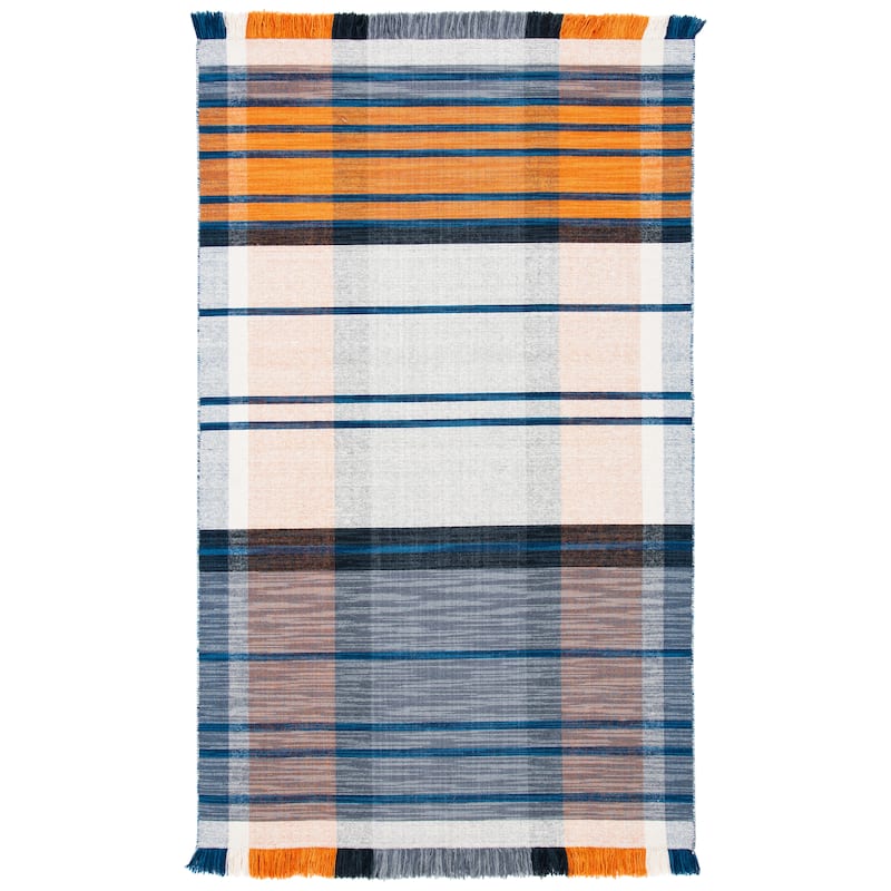 SAFAVIEH Striped Kilim Drusiana Wool Fringe Rug - 6' Square - Orange/Blue