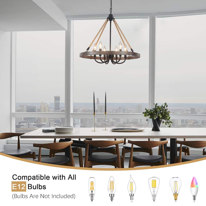 6 - Light Rustic Farmhouse Wagon Wheel Candle Style Chandelier for Living Room Bedroom Dinging Room