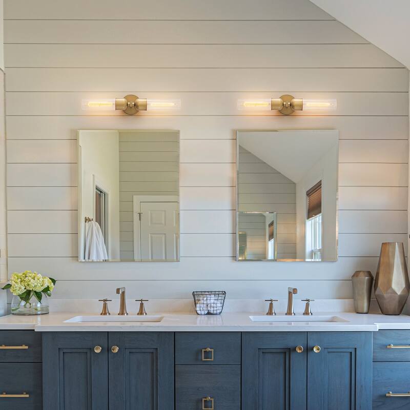 Modern 2-Light Wall Sconce with Ribbed Glass Tube Shades - Brass - 5" W x 4.6" D x 23.4" H