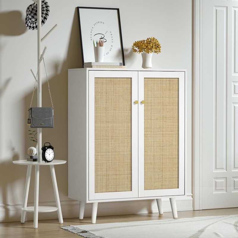 Anmytek Modern 2-Door Rattan Buffet Sideboard Kitchen Storage Cabinet for Living Room - White