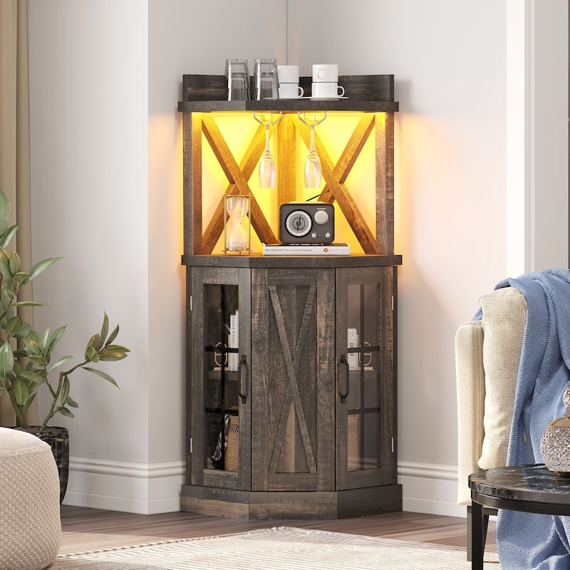 Moasis Industrial Corner Bar Cabinet with LED Lights and Glass Holder