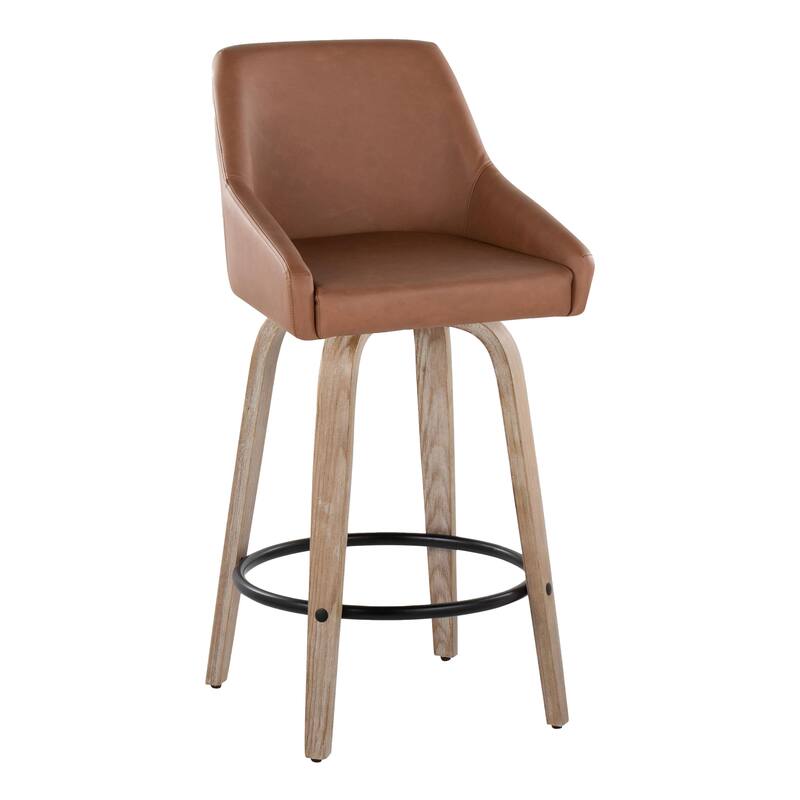 The Gray Barn Hadley 26" Fixed-Height Upholstered Counter Stool with Bent Wood Legs & Round Footrest (Set of 2) - Camel Faux Leather/Whitewashed/Black Metal