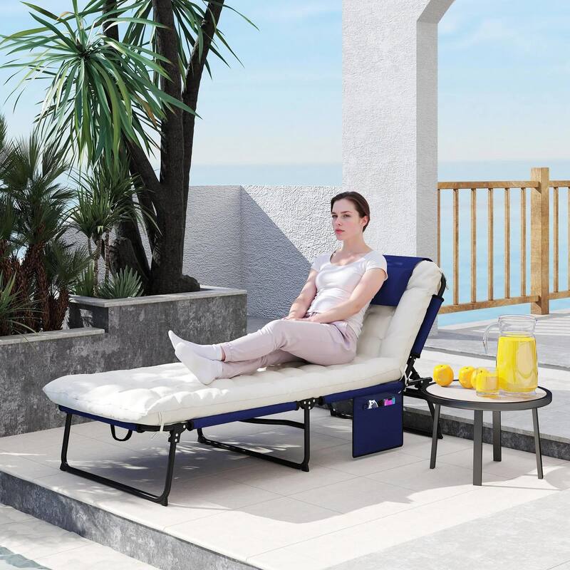 Folding Chaise Lounge Chair,4-Pos Recliner,Cushion,Pocket,Headrest - Navy Blue