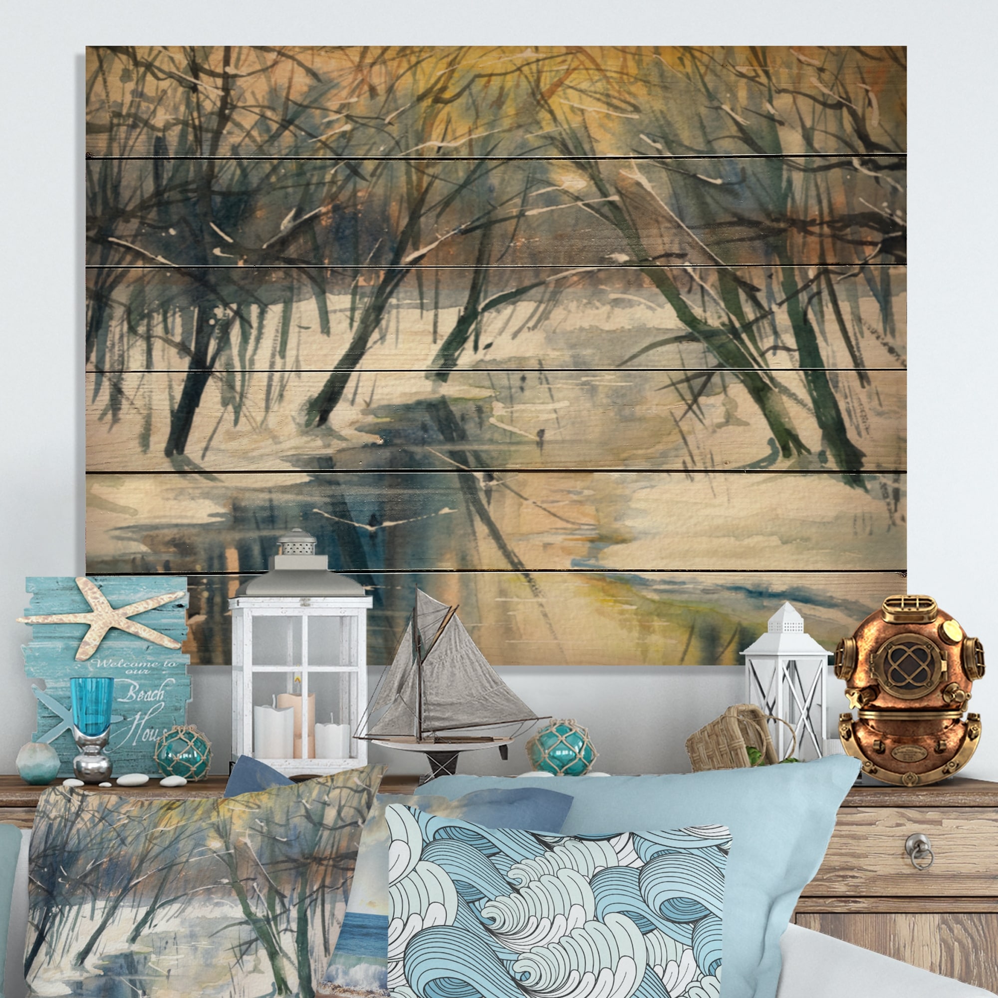 Designart 'River In Winter Forest' Traditional Wood Wall Art Dundefinedcor  Natural Pine Wood Bed Bath  Beyond 36735529