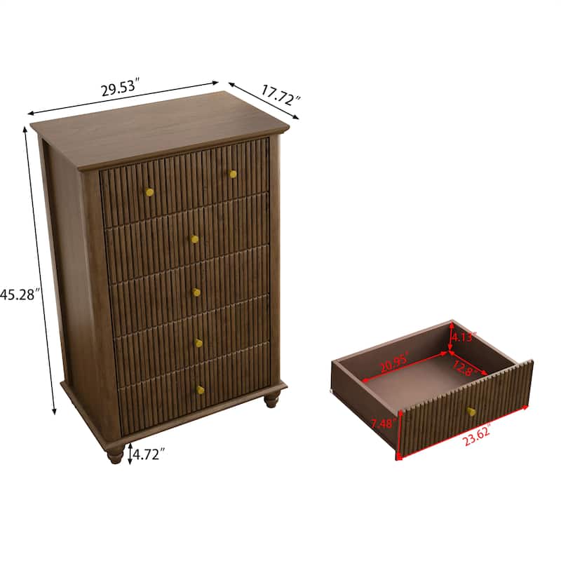 Fluted 5 Drawer Dresser, 45 Inch Tall Modern Chest of Drawers, Bedroom Dresser with Metal Handle, Wooden Drawer Organizer