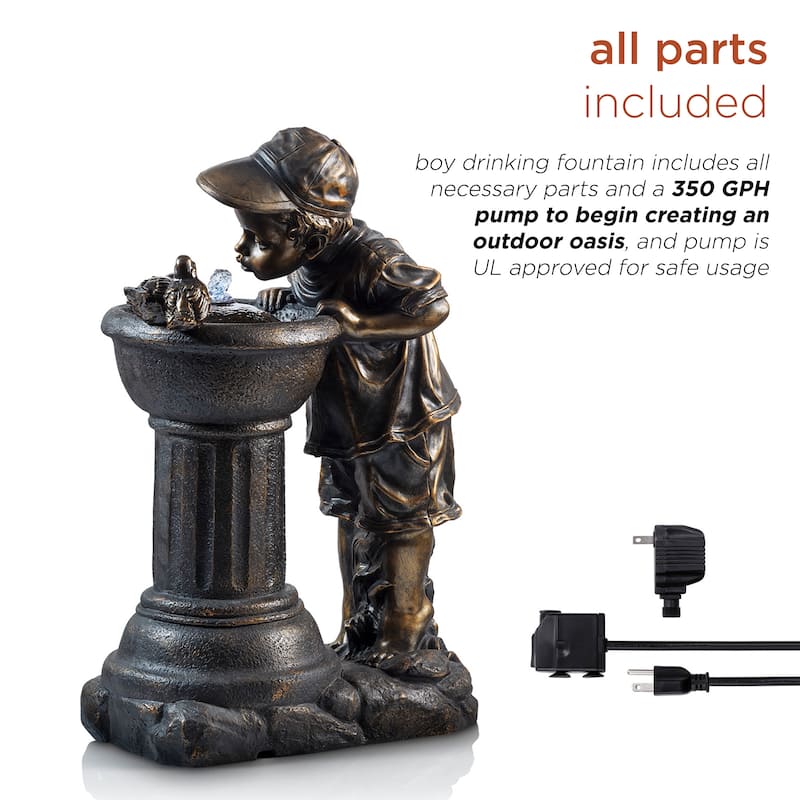 Alpine Corporation Outdoor Floor Joyful Boy and Girl Drinking Water Fountain, Playful Garden Waterfall with LED Lights