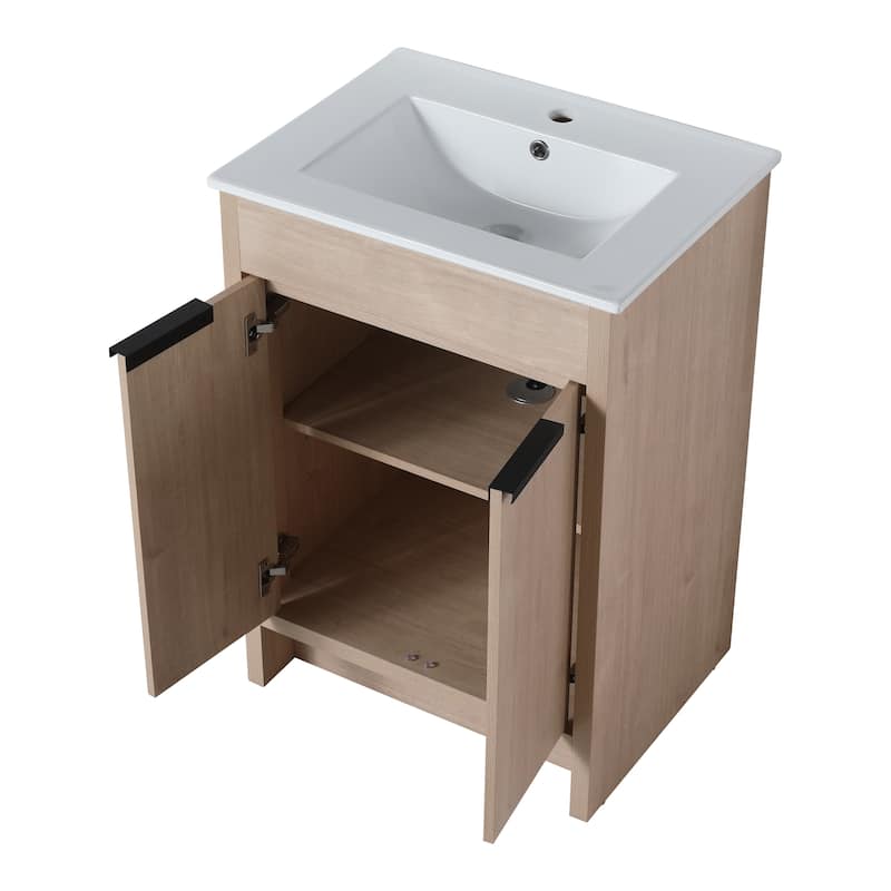 BNK 24/30/36 inch Freestanding Single Sink Bathroom Vanity with Soft Close Door and 1 adjustable shelf - 24"W x 18.3"D x 35"H - Plain Light Oak
