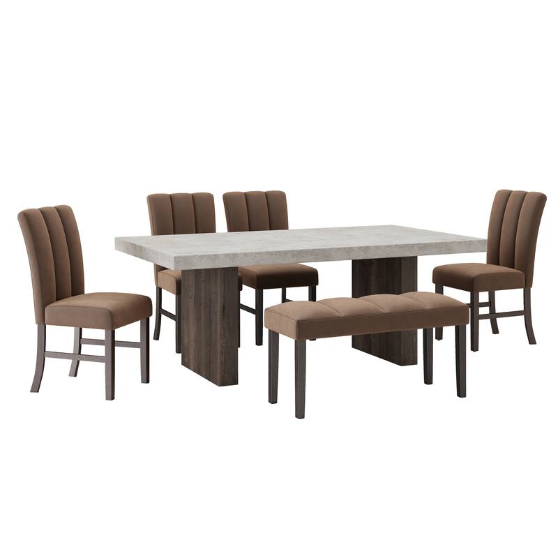 Roundhill Furniture Sorlen 6-Piece Dining Set, 3D Faux Concrete Table with 4 Chocolate Fabric Chairs and a Bench