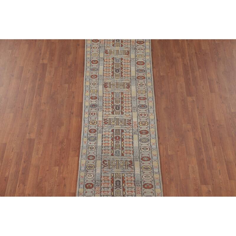 Tribal Geometric Khotan Runner Rug Handmade Oriental Wool Carpet - 2'5"x 9'11"