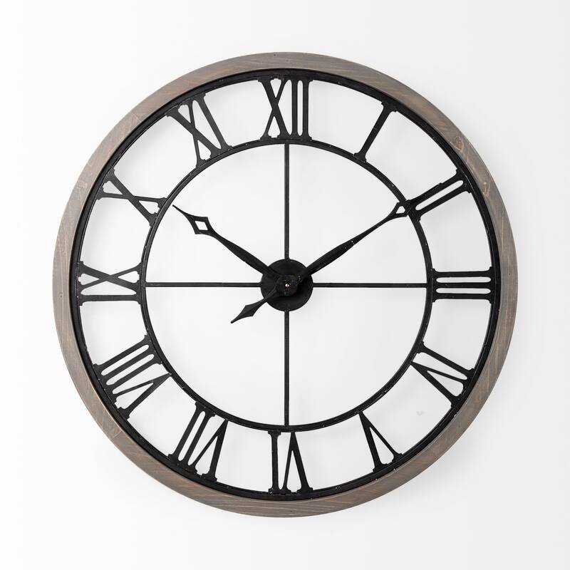 Mething Gray Wood and Black Metal 32" Round Wall Clock - 31.5"W x 2.4"D x 31.4"H
