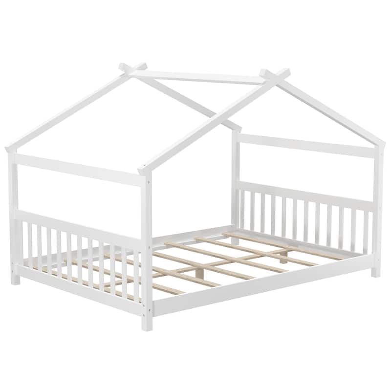 Full Size Kids Wooden House Design Platform Bed Montessori with Headboard and Footboard - White
