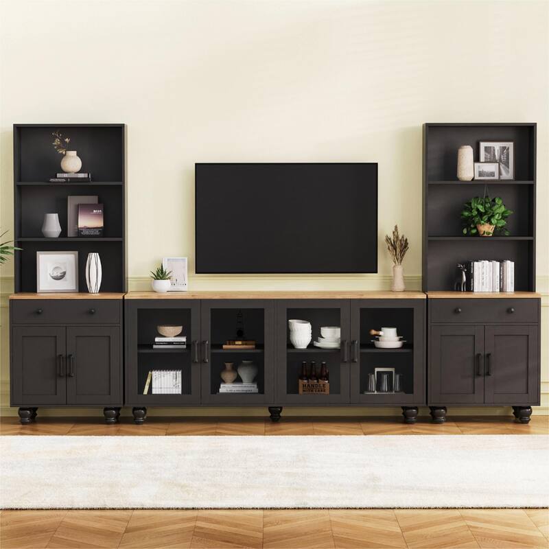 Entertainment Center for TVs Up to 70" with Adjustable Shelves, Tempered Glass Doors, Bookshelves & Storage Cabinets