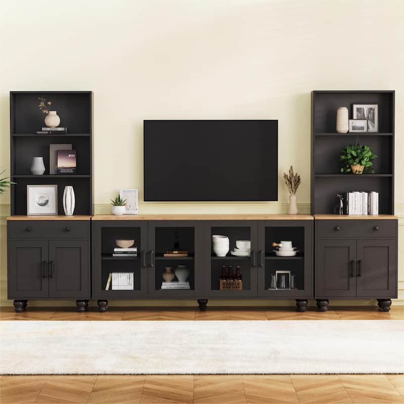 Farmhouse TV Stand with Solid Wood Legs for TVs Up to 70", Large Media Console Table with Bookshelves & Glass Doors