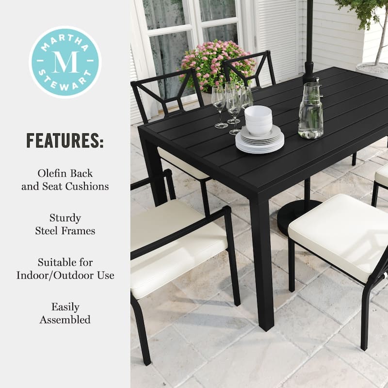 Martha Stewart 7-Piece Steel Patio Dining Set with 6 Stackable Chairs and 60" Table - 23"W x 26.25"D x 35.25"H