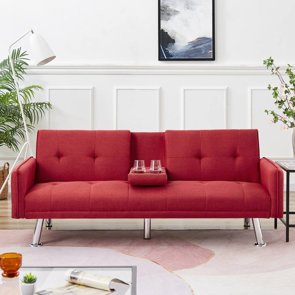 Mieres Mid-Century Modern Linen Fabric Upholstered Sauqre Arm Sofa, Tufted Convertible Futon Bed for Living Room