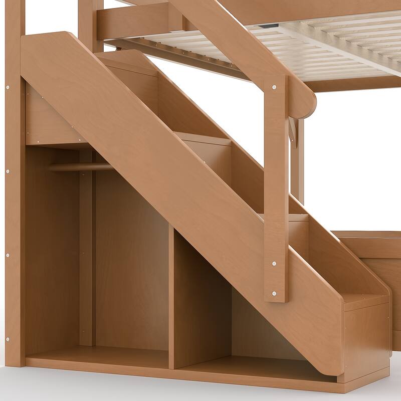 Full/Twin Loft Bed with Built-in Wardrobe, Storage & Stairs - Solid Wood, Full-Length Guardrails, No Box Spring