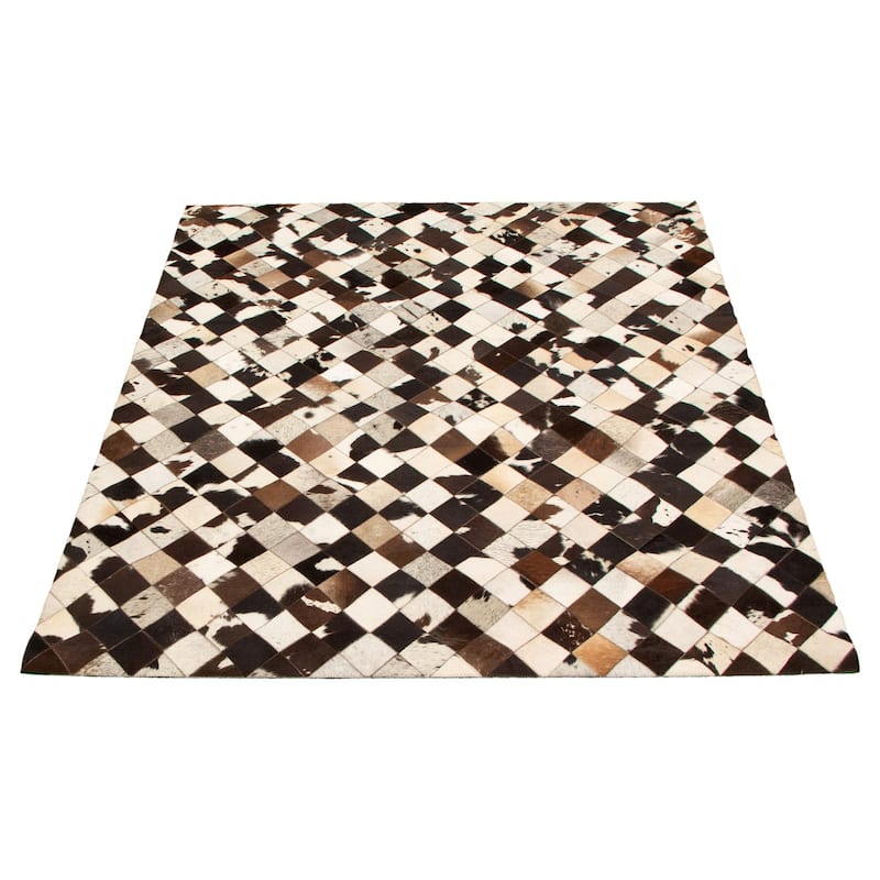 ECARPETGALLERY Handmade Cowhide Patchwork Cream, Brown Leather Rug - 5'11 x 7'11