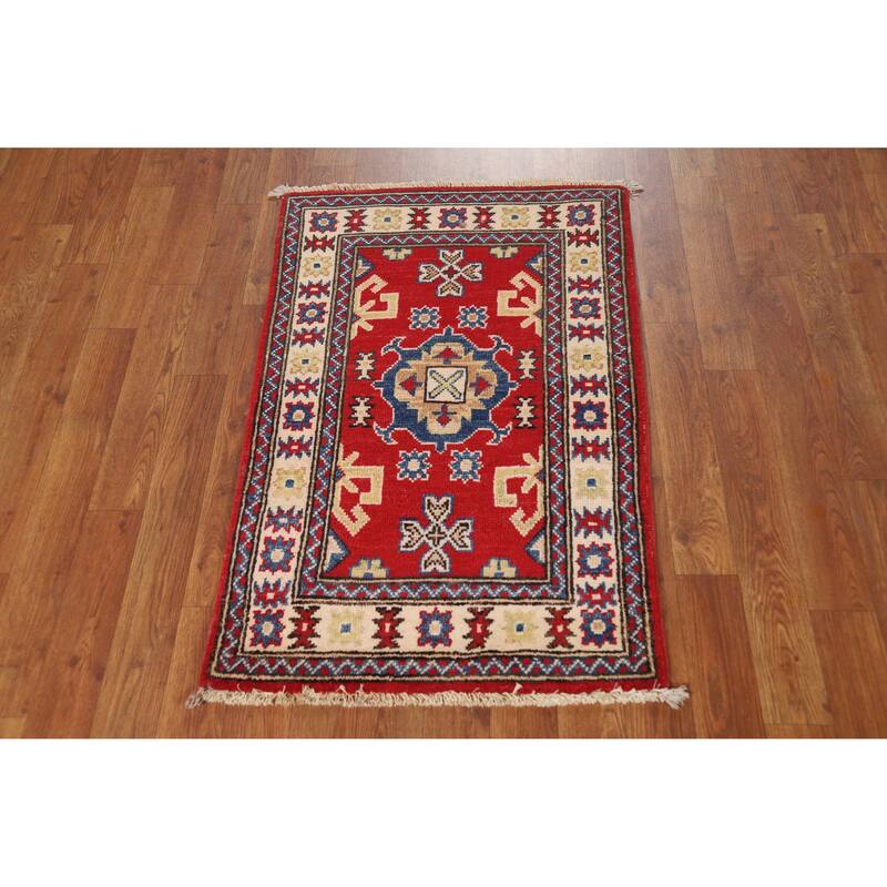 Geometric Kazak Rug Hand-Knotted Traditional Red Wool Carpet - 2'0"x 3'0"