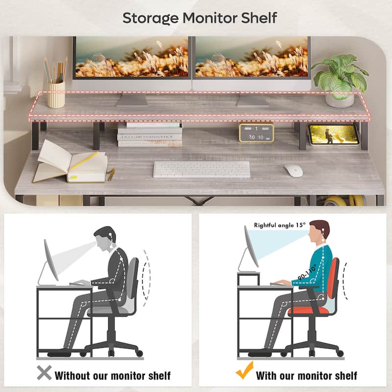 55 Inch Dual Monitor Computer Desk with Adjustable Shelves