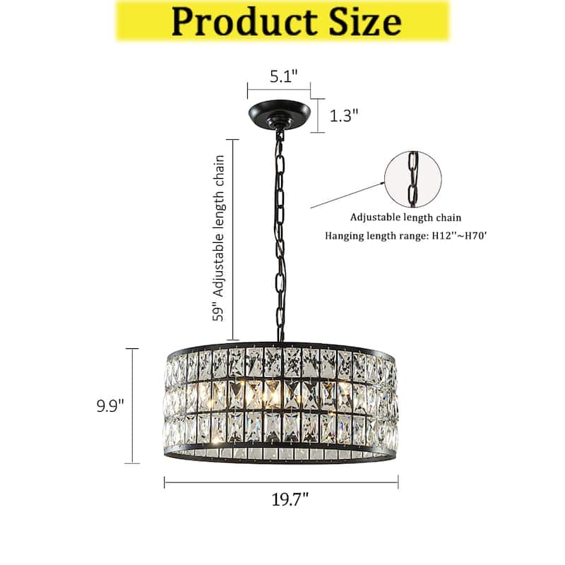 CraftHome 20'' Modern Crystal Chandelier Matte Black Finish 6-Light Round Drum Pendant Light Fixture for Dining Room Kitchen