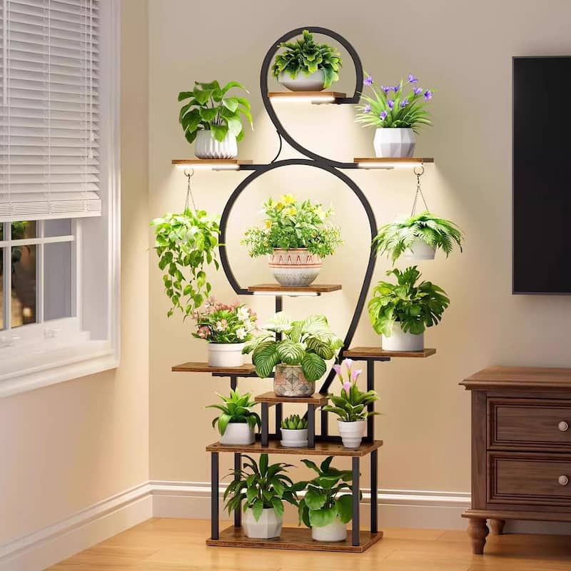 63" 9-Tier Indoor Plant Stand with Integrated Grow Lights – Tall Metal Shelving Unit for Multiple Plants in Living Room. - Walnut+black