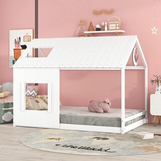 Modern Pine Wood House Bed with Roof and Window, Sturdy Construction