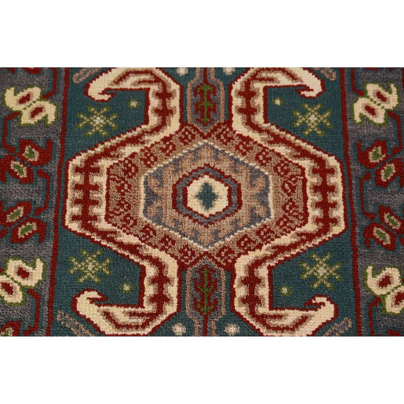Hand Knotted Oriental 100% Wool Carpet Traditional Geometric Navy Blue & Blues Kazak Runner Rug - 9' 8'' X 2' 6''