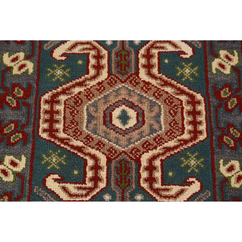 Teal Blue Geometric Kazak Indian Runner Rug Handmade Wool Carpet - 2'6" x 9'8"