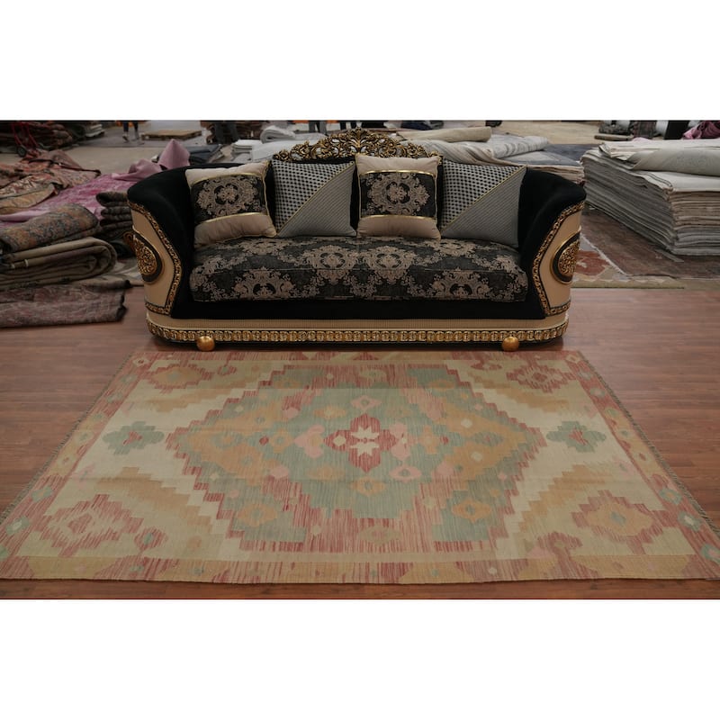 Hand Woven Oriental 100% Wool Carpet Southwestern Tribal Multi-Colored Kilim Area Rug - 8' 0'' X 5' 1''