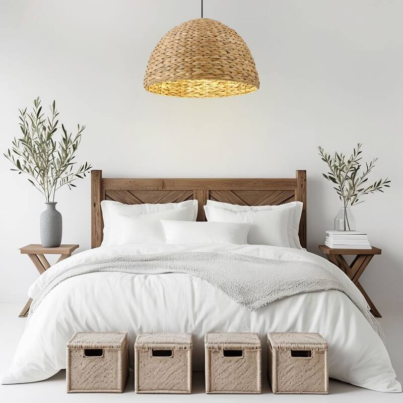 1-Light Aged Lantern Pendant Lamp with Natural Rattan Woven Shade