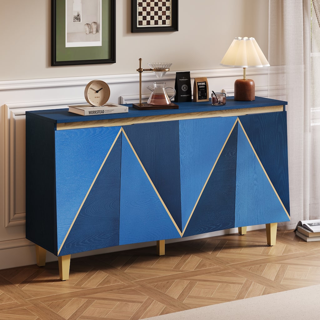 Retro 4-Door Buffet Cabinet with 2-Color Door Design, Adjustable Shelves, for Dining Room, Kitchen and Living Room