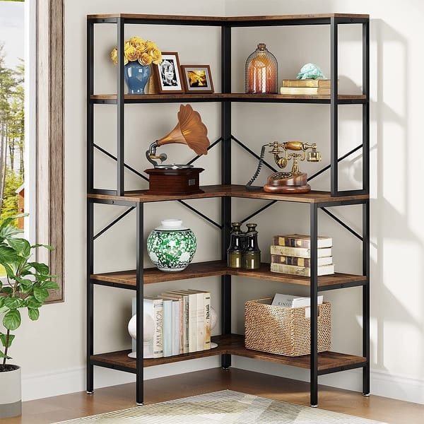 5-Tier Corner Bookshelf, 67 Inch Industrial Bookcase, L-Shape Display ...