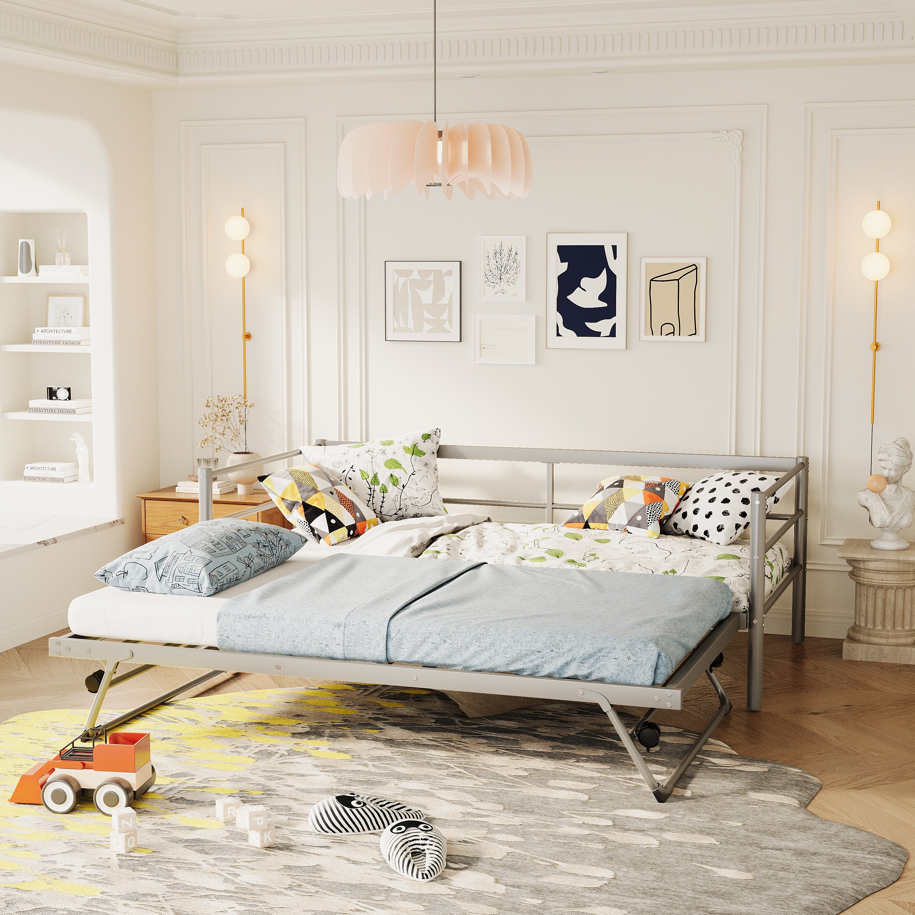 Daybed with clearance adjustable trundle