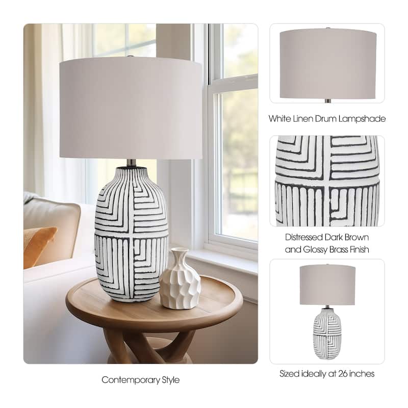 Sagebrook Home Modern Textured 26" White Ceramic Tribal Table Lamp With Linen Shade - 15" x 15" x 26"