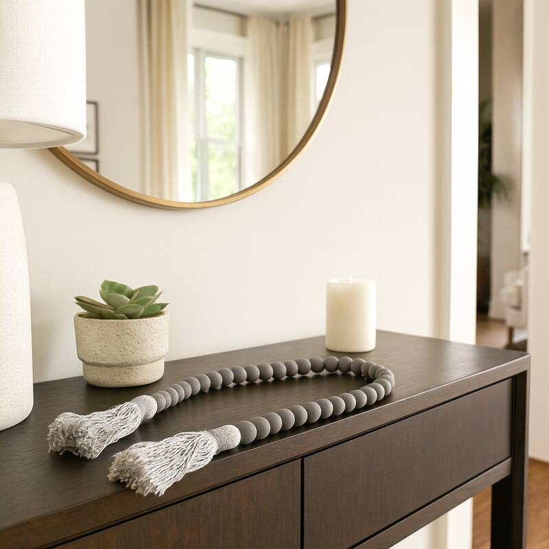 Wood Beads, Natural Finish, Bohemian Macrame Wall Decor and Home Accent for Living Rooms and Bedrooms - 45" x 1" x 1" - Gray