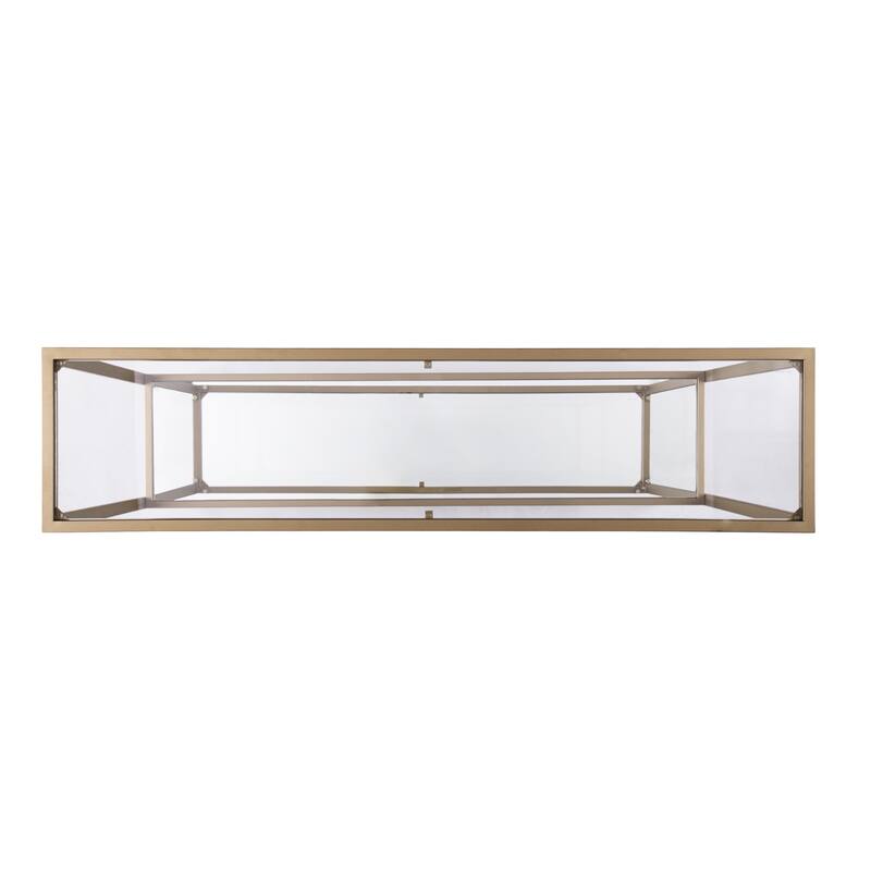Clear Glass Gold Metal Console Table and Rectangular Sled Base with Shelves - 52” L x 12” W x 29” H