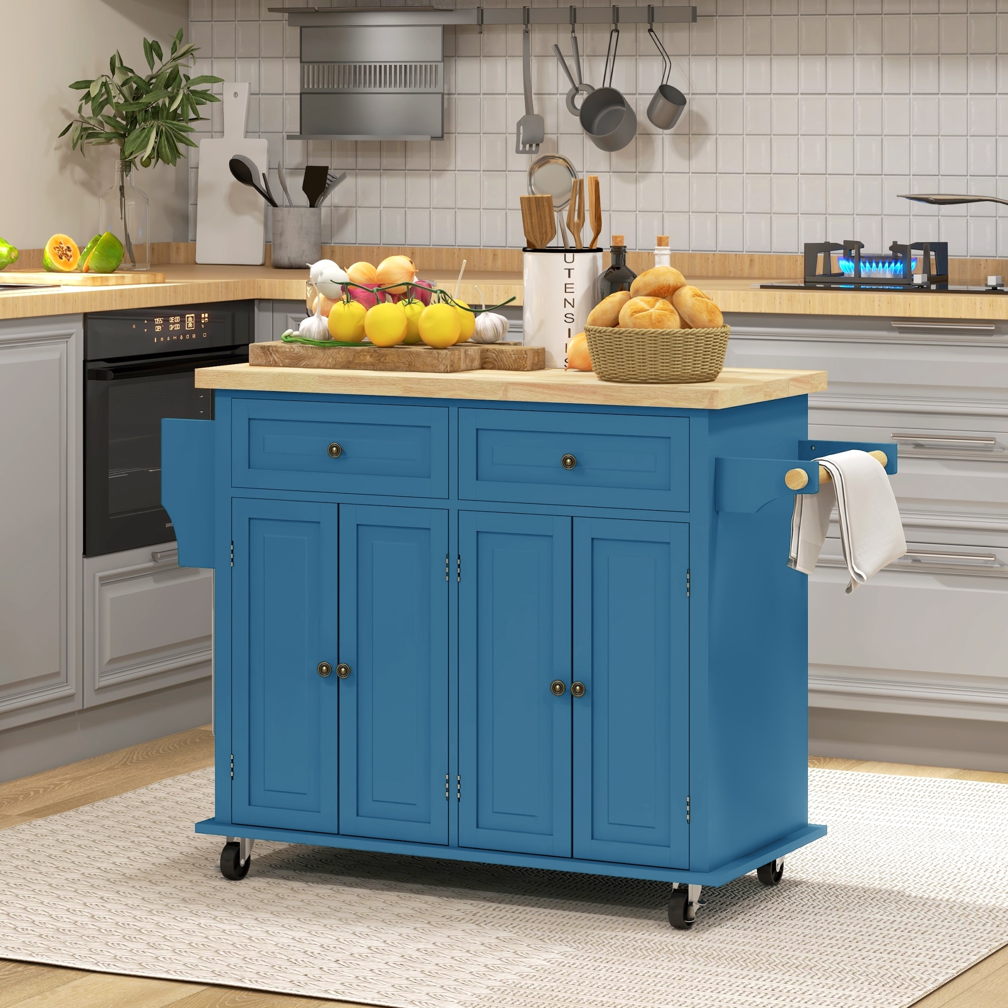 HOMCOM Kitchen Island on Wheels, Rolling Cart with Rubberwood Top, Spice Rack