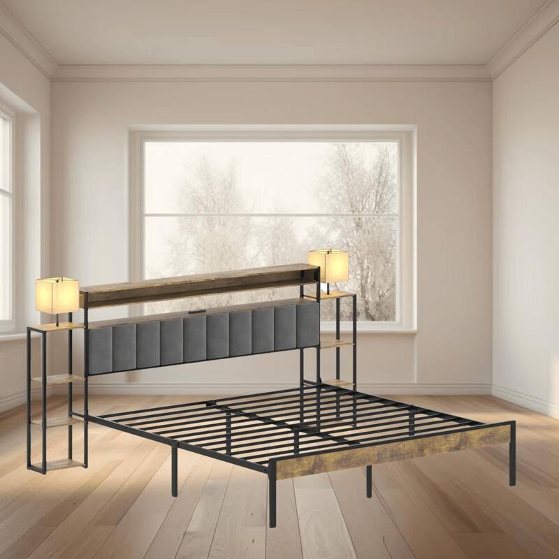 Queen King Size Platform Bed Frame with Storage, LED Lights, and Charging Station, Velvet Upholstered Headboard for Bedroom