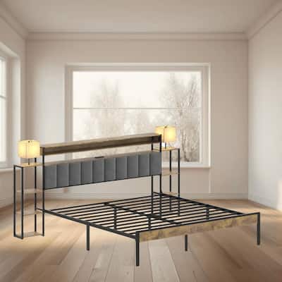 Queen King Size Platform Bed Frame with Storage, LED Lights, and Charging Station, Velvet Upholstered Headboard for Bedroom