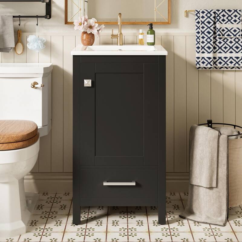 Modern Bathroom Vanity with Ceramic Sink - Soft-Close Drawers, Door Organizer, Divider Drawer - Black - 18 inch Width