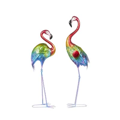 Metal Flamingo Tall Textured Rainbow Garden Sculpture - Set of 2 Multi Colored - Roche River Decor